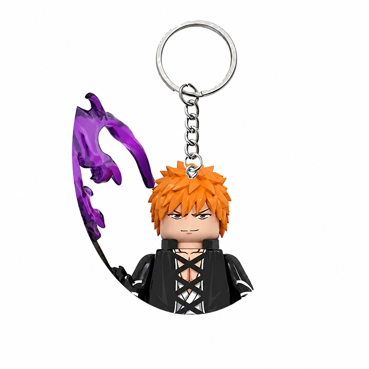 Ichigo Kurosaki character keychain with purple weapon